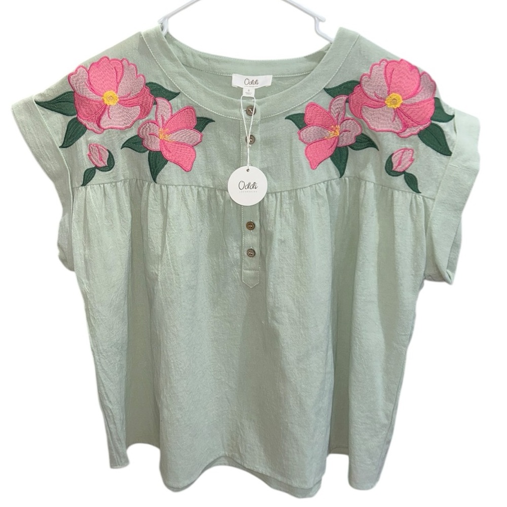 Oddi Embroidered Floral Boho Blouse Sage Green Pink Top NWT Small - Picture 3 of 7